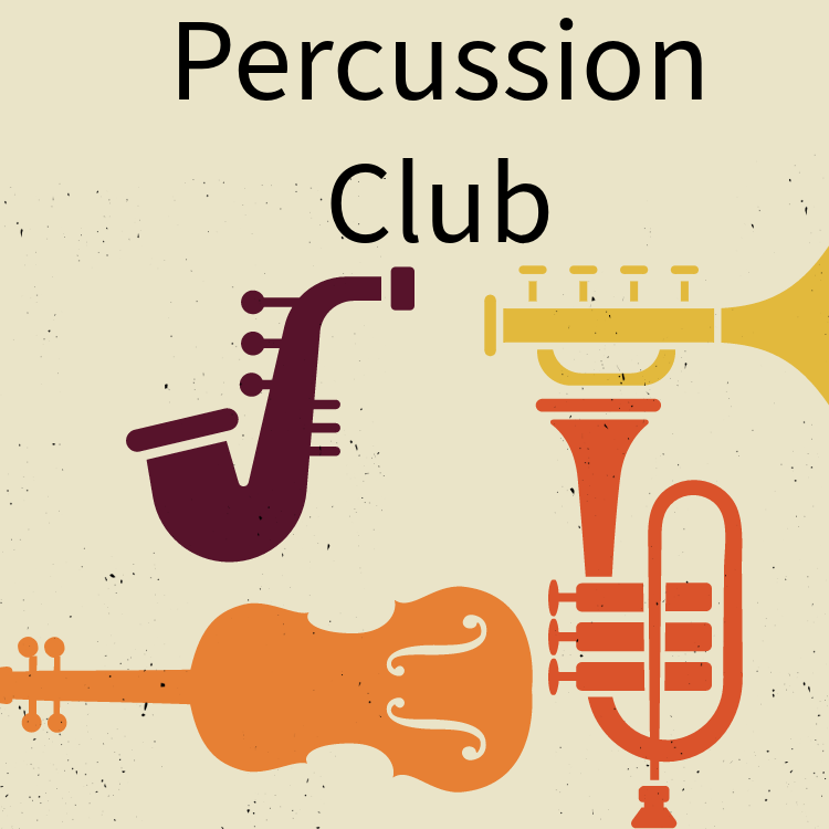 The Percussion Club ; image of two drum sticks blue background